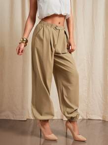 Vixey 松紧腰带休闲宽松慢跑裤，商务休闲女装，女士办公服装，女士工作服，工作裤 - 棕色 - 查看 4