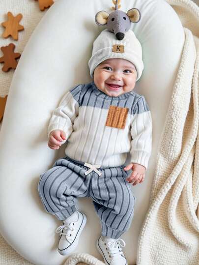 SHEIN Set de 2 piezas recién nacido, camiseta de manga larga de punto con cuello redondo y bolsillo en colores vivos, y pantalón de cintura elástica, adecuado para primavera, otoño e invierno