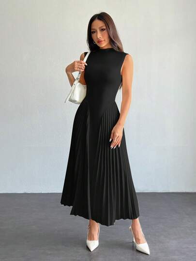 SHEIN PETITE Vestido ajustado de línea A con pliegues elegante para mujer