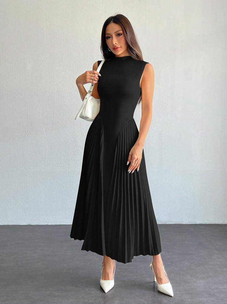 SHEIN PETITE فستان أنيق للنساء بتصميم ضيّق وطبقات متطاول على شكل حرف A - الأسود - مشاهدة 6