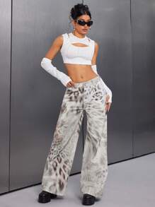 SHEIN Unity Women's Loose Fit Floral Leopard Print Wide Leg Casual Jeans, Versatile For All Seasons - Multicolor - View 4