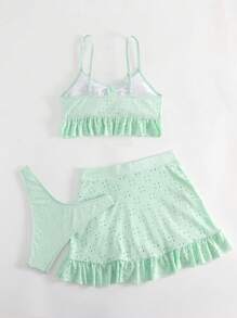 SHEIN Swim 2 件套女士夏季海滩纯色激光切割刺绣扭纹前比基尼泳装带迷你裙 - 薄荷綠 - 查看 7