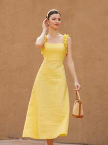 Aveloria Rosie Pale Yellow Asymmetrical Bubble Geometric Embossed Textured Fabric Ruffled Shoulder Strap Romantic Elegant Waisted Vacation Slip Dress For Women  Old Money Style For Summer - Yellow - View 6