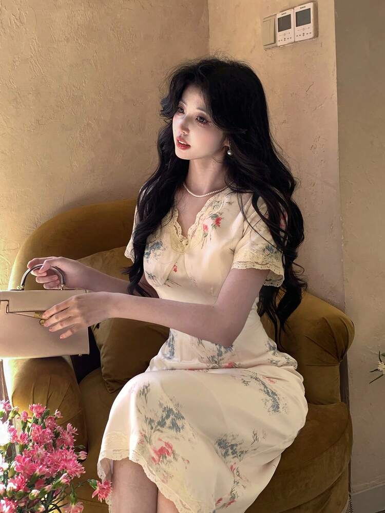 V-Neck Floral Lace Trim Mid-Long Dress For Women Elegant Sundress