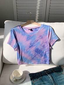 Comfortcana Women's Spring/Summer New Tie-Dye Round Neck Cropped Casual T-Shirt - Multicolor - View 1
