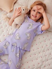 2pcs/Set Young Girl Casual Cute Cartoon Bear Print Short Sleeve Top And Pants Homewear Sets