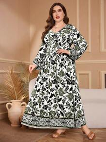 Lacomfia Große Größen Kleid mit V-Ausschnitt, gefalteter Taille, Langarm, Lässig Blume Muster, Regular Fit für Frühling und Herbst