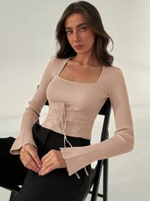 Aloruh Women Casual Solid Color Texture Patchwork Spring Sweater - Khaki - View 3
