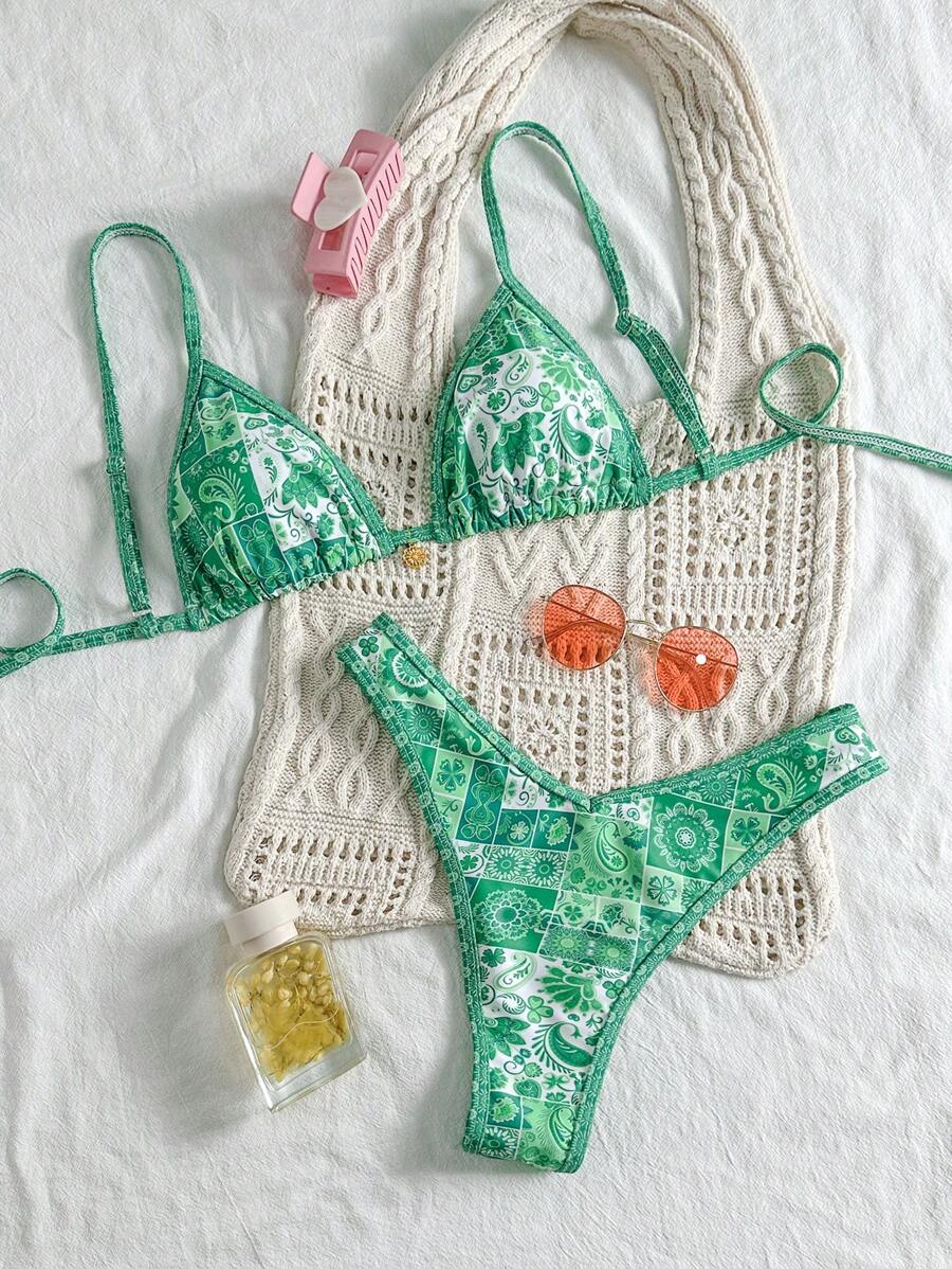Swim Mod Spring Break Women Summer Random Printed Spaghetti Strap High-Cut Bikini 2 Pieces Suit - Green - View 1