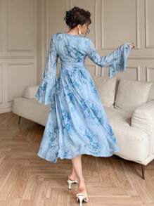 DAZY Spring Floral V-Neck Ruffle Hem Mid-Length Dress For Women,Fall Dress Long Sleeve Dress Easter - Blue - View 2