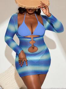 Swim Lushoire 大码女式渐变袖沙滩泳装罩衫长袖修身短裙 - 彩色 - 查看 3