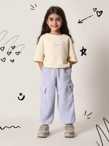 SUMWON 儿童两件套运动套装超大短款运动衫带标志松紧腰阔腿工装慢跑裤运动休闲娱乐冬季春季