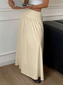 Serisse 女士长款纯色高腰百褶休闲裙 - 杏色 - 查看 4