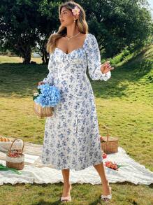 Flirla 加大码修身款方领碎花腰部收腰开衩袖口连衣裙