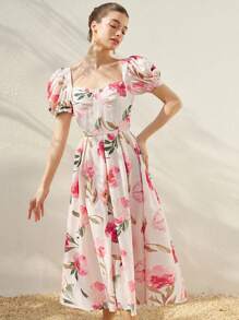 Aveloria Rosie Vestido midi de manga abullonada con lazo en la cintura y estampado floral romántico para mujer, estilo cortesano, adecuado para vacaciones de primavera/verano