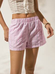 Easelle Women's Casual Pink Woven Striped Shorts - Multicolor - View 5