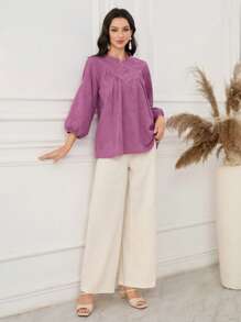 Mulvari Women Casual Solid Color Jacquard Lantern Sleeve Blouse