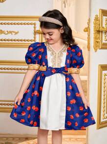 SHEIN Young Girls Purple Floral Print Princess Dress With Puff Sleeve, Suitable For School, Party, Decoration, Girls Daily Wear, Family Occasions And Special Celebrations