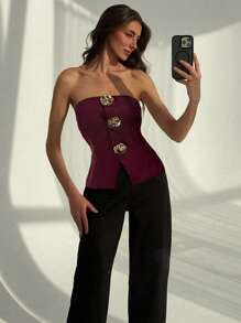 Aloruh 办公室无袖上衣，现代金属纽扣装饰，杏色，女士适用