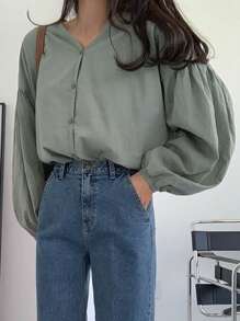 DAZY Solid Drop Shoulder Button Through Shirt,Fall Clothes Preppy Tops Long Sleeve Top - Green - View 3