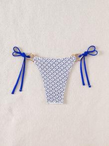 SHEIN Women's Summer Beach Vacation Cute Textured Fabric Solid Color Metal Hardware Side Tie Bikini Bottom - Blue - View 7