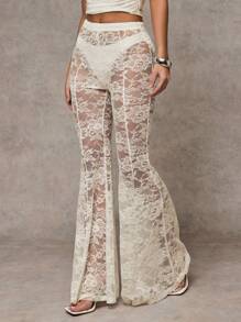 SHEIN BAE Pantalones anchos y acampanados de encaje transparente negro, sexy, para salir de noche/fiestas de música electrónica/clubes/despedidas de soltero/fiestas temáticas, estilo años 70 - Albaricoque - Ver 5