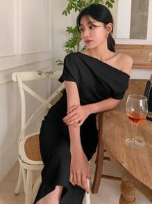 DAZY 女士优雅纯色斜肩束腰中长连衣裙优雅太阳裙 - 黑色 - 查看 5