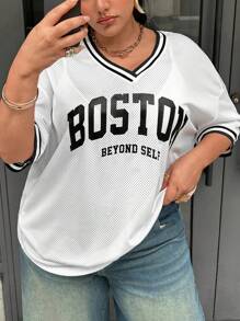 SHEIN EZwear Plus Letter Graphic Striped Trim Drop Shoulder Mesh Tee, Summer - White - View 3