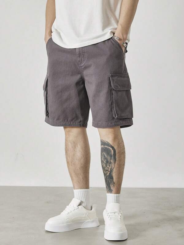 Claim Dot 男士宽松深灰色休闲牛仔工装短裤