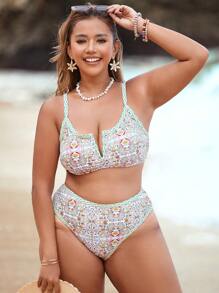 Swim Vcay Ensemble de maillot de bain imprimé 2 pièces, grande taille, maillots de bain bikini de vacances d'été pour femmes