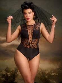 Bộ đồ liền thân ren chấm bi bóng loáng gợi cảm Retro Palace dành cho nữ - màu đen - Xem 4