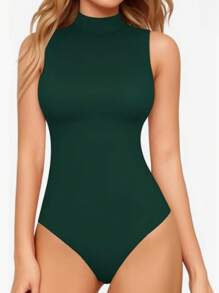 INAWLY Woman's Sleeveless Solid Color Bodysuit, Slim Fit Minimalistic Design, Suitable For Summer - Dark Green - View 1