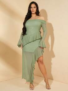 SHEIN BAE Đầm dài hở vai phối ren lưới đen trơn cỡ lớn thời trang xuân thu đông cho nữ, váy dài thanh lịch gợi cảm, váy ngọt ngào, váy hẹn hò lãng mạn, váy ngày lễ tình nhân, váy năm mới, váy lễ hội, váy dự tiệc - Màu xanh Bạc hà - Xem 1