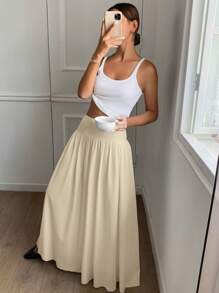 Serisse 女士长款纯色高腰百褶休闲裙 - 杏色 - 查看 6