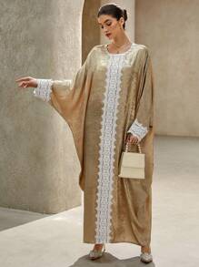 SHEIN Clasi Vestido maxi para Ramadán con mangas acampanadas, encaje decorativo y estampado de lámina dorada, cómodo y suelto, para mujer de talla grande