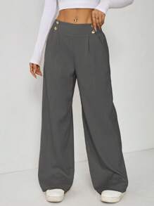 SHEIN PETITE Pantalones rectos elegantes de oficina con doble botón para mujer
