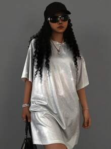 SHEIN Tween Girls Spring/Summer Silver Drop Shoulder Glitter Concert Outfits Tee Dress - Silver - View 1