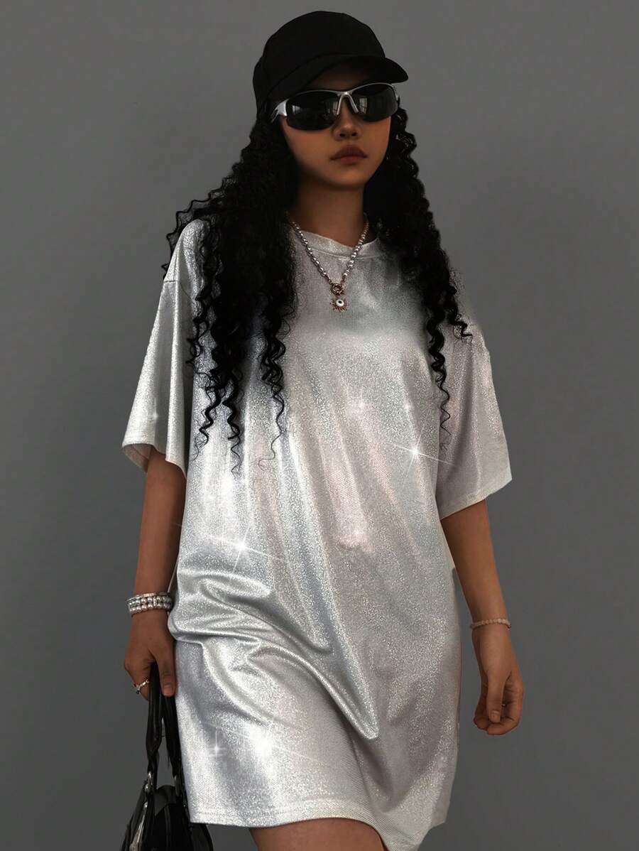 SHEIN Tween Girls Spring/Summer Silver Drop Shoulder Glitter Concert Outfits Tee Dress - Silver - View 1