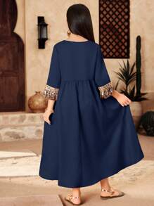 SHEIN Tween Girls' Vacation Pieced Floral Retro Pattern Trimming 3/4 Sleeve Dress, Arabian Dress - Navy Blue - View 2