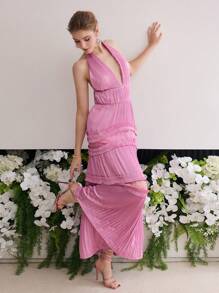 MOTF Soiréza CONTRAST LACE PLEATED HALTER DRESS - Pink - View 4