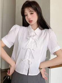 DAZY Của phụ nữ Màu thuần Bong bóng Tay áo Cà vạt Áo sơ mi - trắng - Xem 8