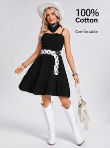 SHEIN LUNE Váy ngắn xếp lớp màu đen dành cho nữ, trang phục đi nghỉ, xuân/hè - màu đen - Xem 1
