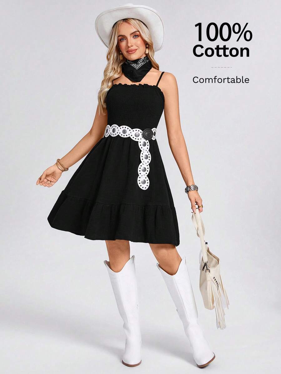 SHEIN LUNE Váy ngắn xếp lớp màu đen dành cho nữ, trang phục đi nghỉ, xuân/hè - màu đen - Xem 1