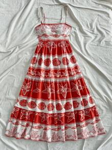 Soleia Vestido largo de línea A con estampado de elementos oceánicos en rojo y albaricoque para mujer, vestido casual de verano sin mangas con estampado de estrellas de mar, conchas y algas para la playa