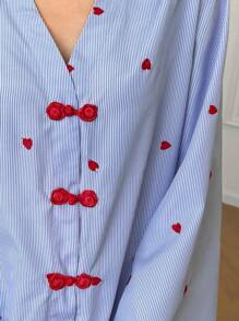 EastFlair New Chinese Style Heart Striped Print V-Neck Flare Sleeve Button Front Ladies Blouse