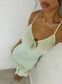 Glamine Gaun Mini Bodycon Seksi Berkerah V dengan Hiasan Ruffle di Bagian Bawah untuk Musim Semi/Panas, Dekorasi Bunga 3D, Gaun Musim Semi Romantis untuk Wanita, Gaun untuk Musim Kembali ke Sekolah - Hijau - View 7