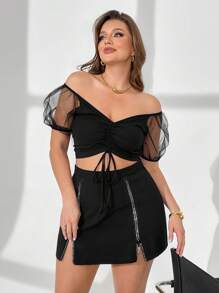 SHEIN Essnce 女性加大碼純色簡約日常穿搭網紗上衣 - 黑色 - 查看 4
