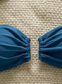 Swim Vcay Springbreak Damen Sommer einfarbiger Bandeau-Top mit Metalldekoration und Tanga-Höschen 2-teiliges Bikini-Badeanzug-Set