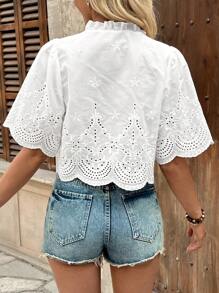 Breezaya 女式 V 领系带刺绣短袖衬衫（白色） - 白色 - 查看 2