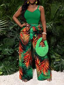 Slaydiva 2 件套休闲假日弹力吊带背心和宽松印花阔腿裤套装 - 女款 - 綠色 - 查看 3